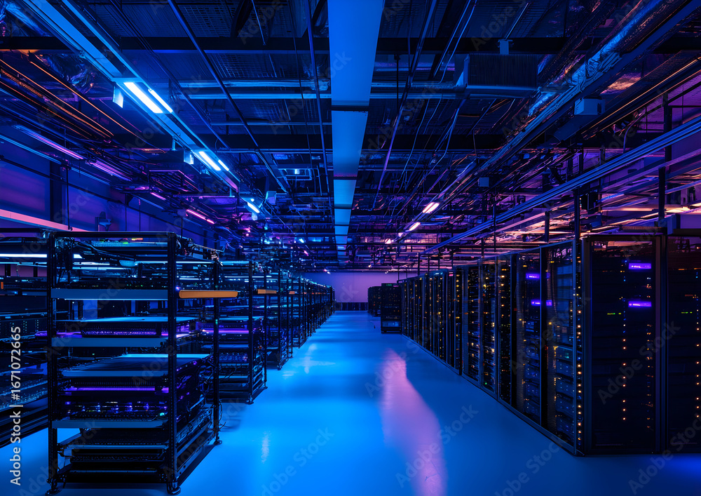 Poster servers glow with blue light in a data center, showcasing the technology and infrastructure that pow