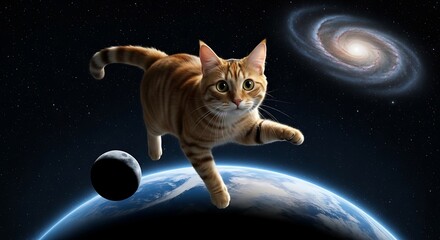 Whimsical Ginger Cat Floating in Space Above Earth.