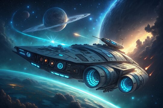 Futuristic spaceship navigates a vibrant cosmic nebula with glowing engines