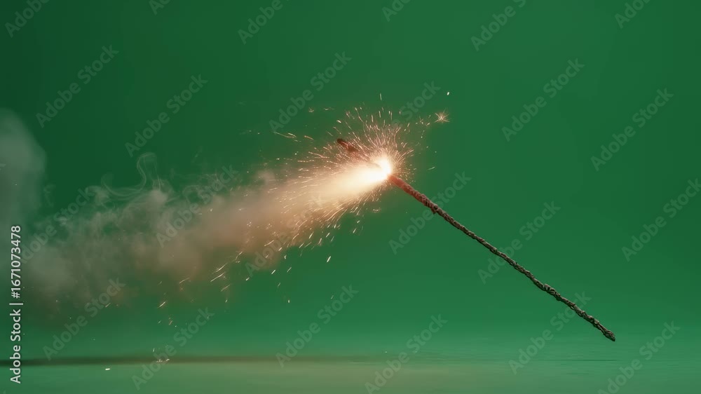 Poster fuse is burning and sparking against a green screen background, creating a dynamic visual effect sui