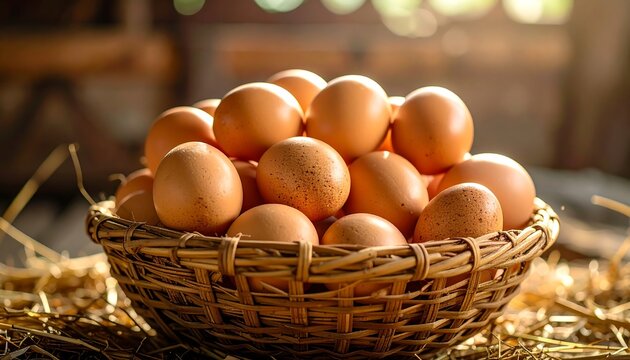 Fresh brown eggs arranged in wicker basket on hay in rustic barn, showcasing natural farm produce and healthy food choices.