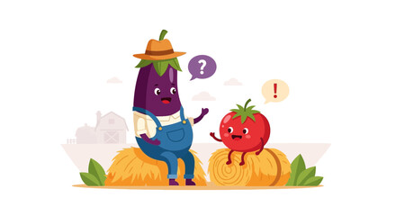 Fototapeta premium Animated Vegetables Discussing Ideas While Sitting On Bales Of Hay In A Farm