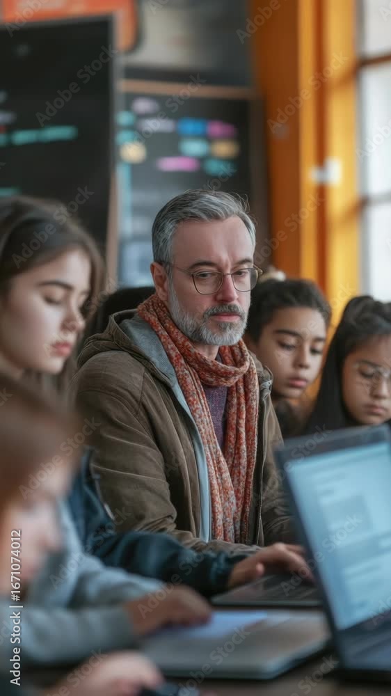 Poster a teacher with beard and scarf in a classroom, instructing students using laptop computers. the scen