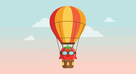 Fototapeta premium A Tomato Pilot Soars In An Attractive Hot Air Balloon Through The Dreamy Sky
