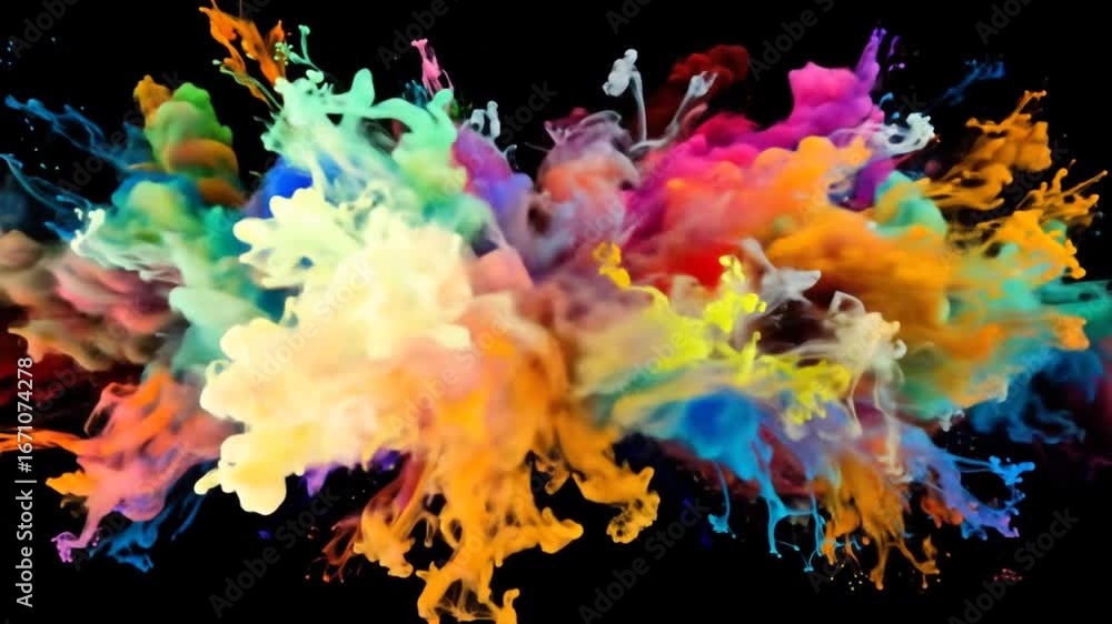 Poster multicolor paint explosion on black background with dynamic smoke effect for modern designs and abst