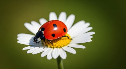 Red Ladybug Resting on a White Daisy Flower.