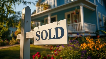 A "Sold" sign in front of a charming blue house, surrounded by colorful flowers, indicating a successful real estate transaction.