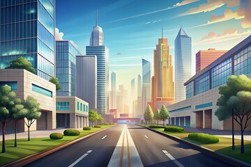 Obraz premium Modern city street with tall buildings and green trees under a bright sky