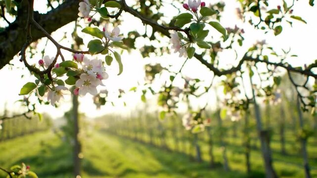 Blooming apple tree branches in sunny orchard