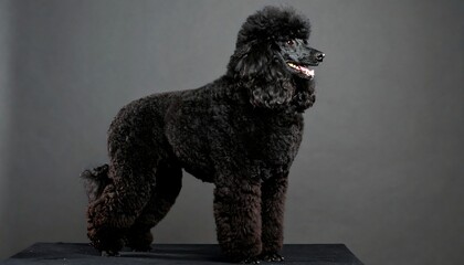 A black standard poodle stands on a dark surface against a gray background, its coat meticulously groomed