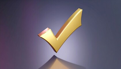 A 3D rendered gold checkmark on a gradient background casts a subtle reflection