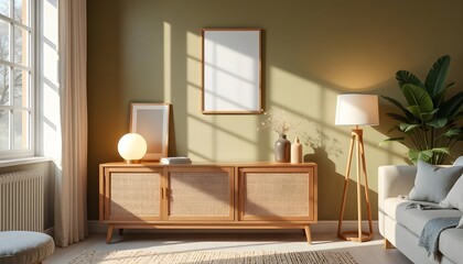 Modern Living Room Interior Design: Rattan Cabinet, Green Walls, and Mockup Frames