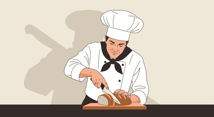 Artistic Chef Slicing Freshly Baked Bread on a Wooden Board for Culinary Delight