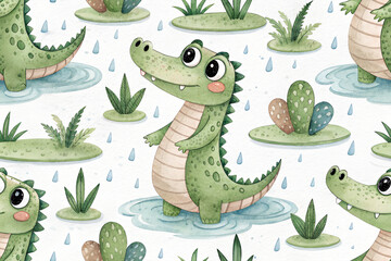 Obraz premium cute crocodile scene watercolor seamless pattern colorful print in rustic vintage style, textile or wallpaper background print in rustic vintage style, textile