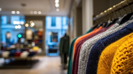Colorful sweaters on display in a clothing store