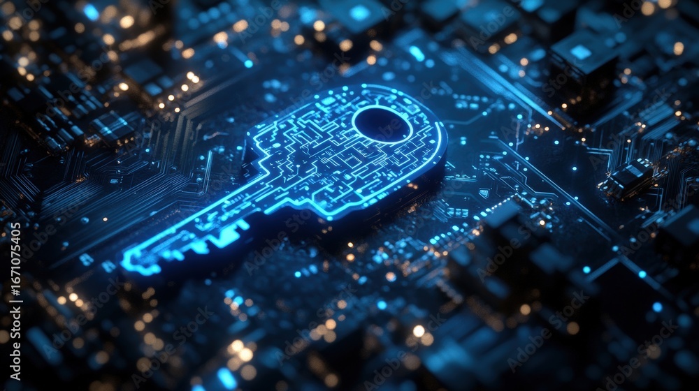 Poster a digital key illuminated on a circuit board background, symbolizing cybersecurity and technology.