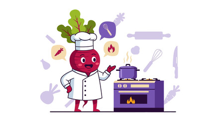 Fototapeta premium Adorable Beetroot Chef Cooking Delightful Dishes in a Cartoon Kitchen Setting