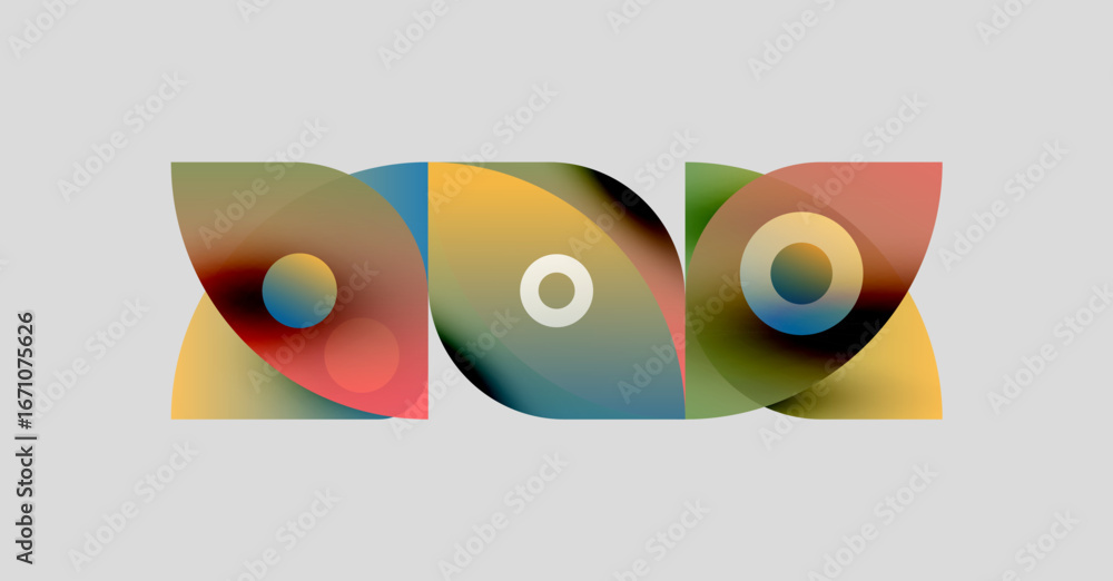 Poster abstract colorful shapes overlap, creating fluid design. soft gradients blend hues, forming dynamic 