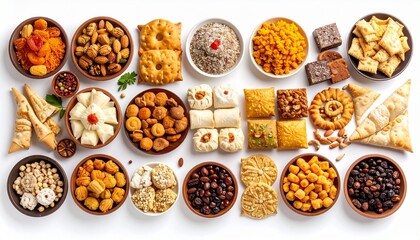 Traditional snacks isolated on white background. Includes assorted local delicacies, perfect for food photography, e-commerce, and cultural branding