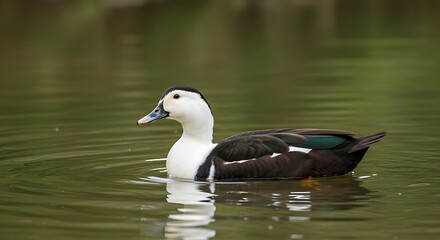 Muscovy Duck Swimming Peacefully in Green Pond Water.