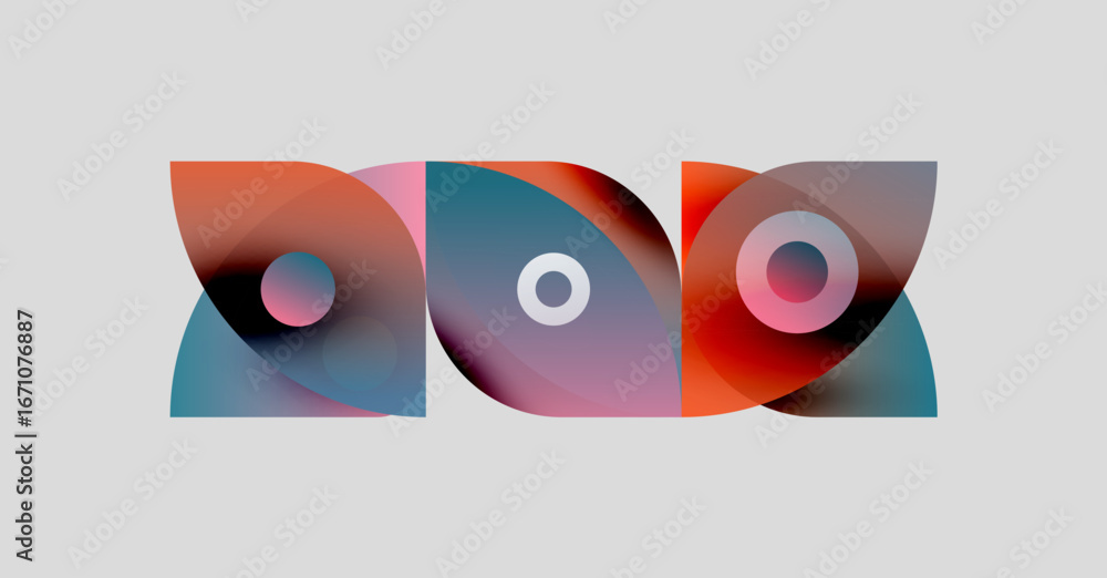 Poster abstract shapes overlap, creating vibrant color blends. composition features curves, circles, gradie