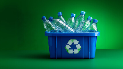 Blue Recycling Bin Full of Used Plastic Water Bottles on Green Background