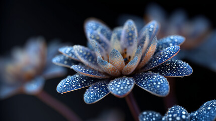 Dew-Covered Metallic Blue Flower Close-Up with Intricate Details