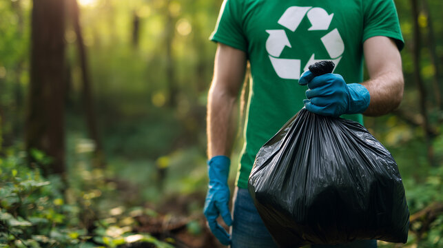 Person Cleaning Litter in Forest While Promoting Recycling and Environmental Care