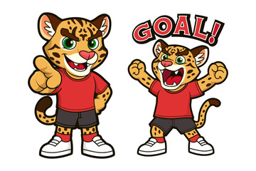 A set of cartoon illustrations featuring a jaguar soccer player mascot in two poses: one pointing forward with a determined expression, and another celebrating a goal. This image is perfect for sports