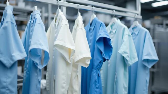 Short sleeve uniform laundry clean hygiene blue white fabric professional workplace with pastel blue and cream shirts hanging neatly white hangers organized laundry facility, showcasing clean