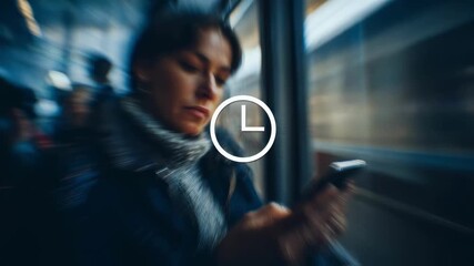 Medium shot of a blurred busy person glancing at a sharply focused smartphone clock symbolizing time awareness in daily hustle. - Powered by Adobe