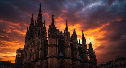 Fototapeta premium Gothic cathedral silhouetted against a fiery sunset sky