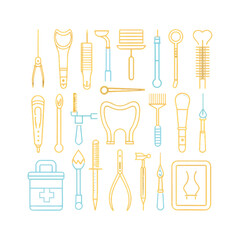 A collection of line art icons representing various dental and medical instruments, including a tooth, first-aid kit, and specialized tools.