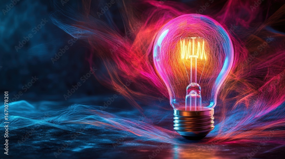 Poster a vibrant light bulb glows amid colorful swirls of light, creating a dynamic and artistic atmosphere