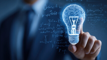 Innovative concept of glowing light bulb held by person, symbolizing creativity and ideas. background features mathematical equations, representing knowledge and intelligence
