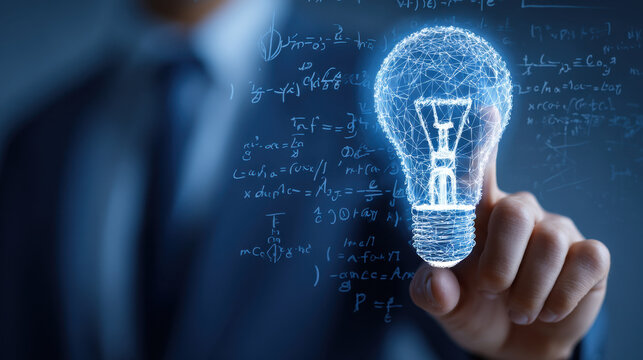Innovative concept of glowing light bulb held by person, symbolizing creativity and ideas. background features mathematical equations, representing knowledge and intelligence