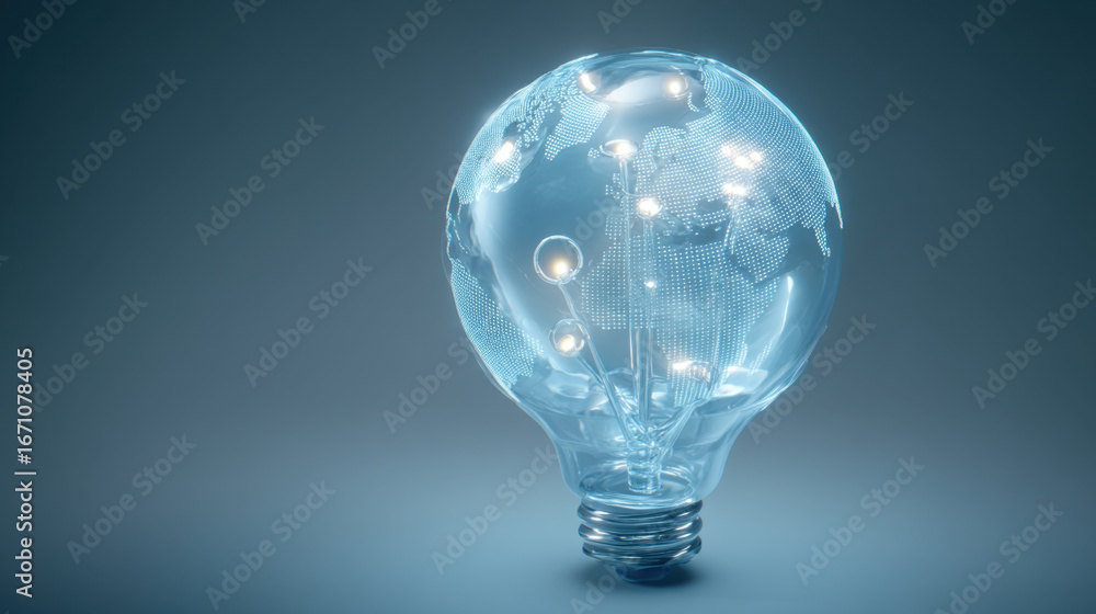 Poster glowing light bulb shaped like globe symbolizes innovation and global connectivity. intricate design