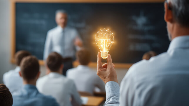 Light bulb symbolizes innovation and creativity in classroom setting, where teacher engages students with inspiring ideas and knowledge, fostering bright future