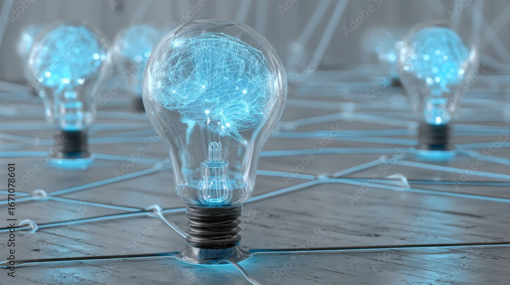 Poster innovative light bulbs with glowing brain like networks symbolize creativity and intelligence. inter
