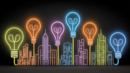 Bright neon light bulbs illuminate city skyline, creating vibrant and modern atmosphere. colorful bulbs symbolize creativity and innovation, enhancing urban landscape