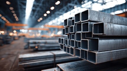 Stacked steel square tubes in a factory