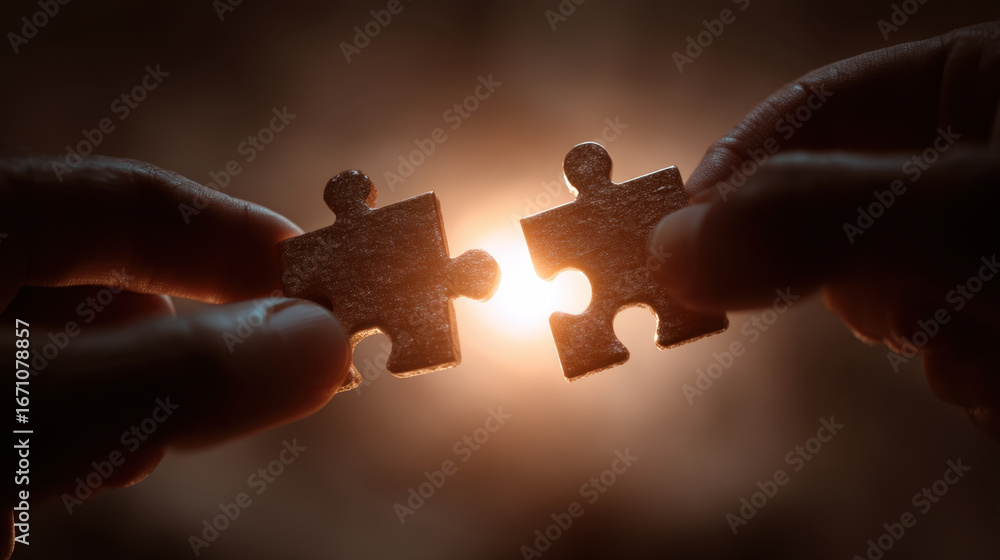 Poster connecting two puzzle pieces symbolizes unity and collaboration, illuminated by warm glow. this evok