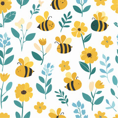 Bright pattern on a yellow background with bees
2