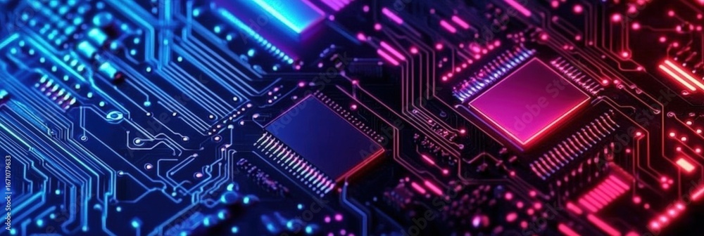 Poster a vibrant close-up of a circuit board showcasing intricate patterns, with blue and pink lighting cre