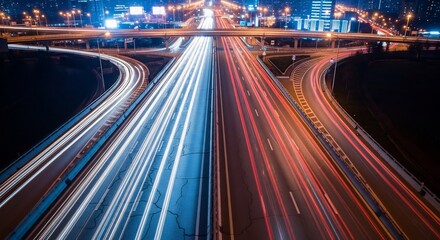 Light trails of cars on a multilevel highway at night