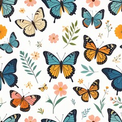 Vibrant Botanical Flutter Seamless Pattern of Colorful Butterflies and Wildflowers.