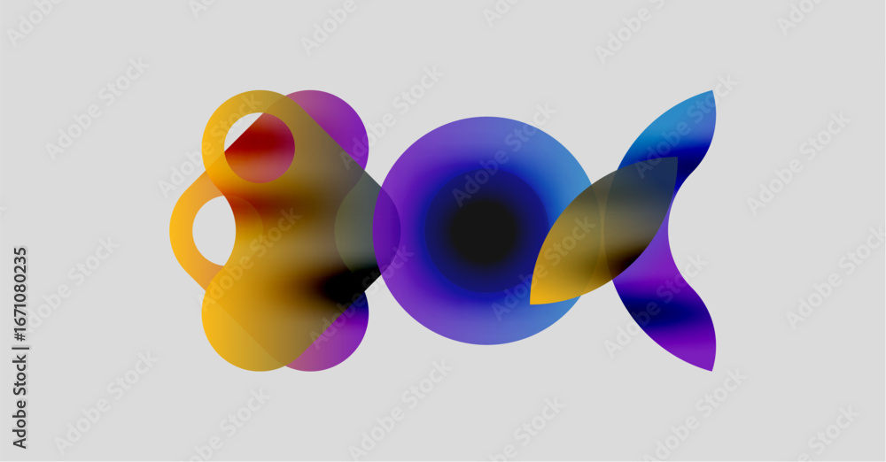 Poster abstract colorful shapes overlap, creating dynamic visual effect. soft gradients blend yellow, purpl