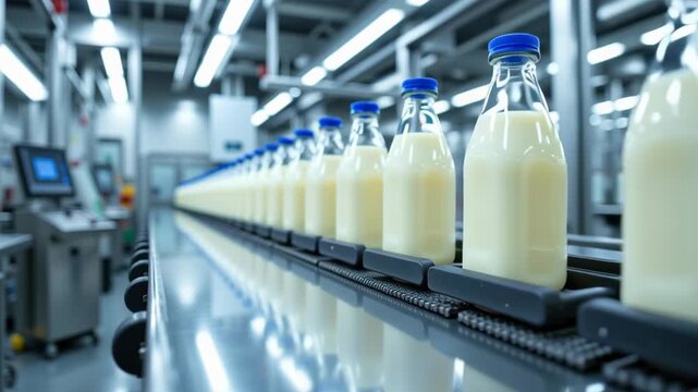 Glass bottle milk factory bottling production conveyor automation dairy industry blue cap clean modern technology beverage nutrition food process machinery line healthy fresh liquid packaging dairy