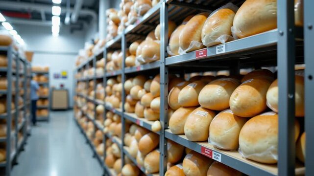 Fresh bread bakery factory hygiene food production packaging shelf industrial clean environment with delicious aroma, organized storage, modern facility, soft texture, and morning freshness plastic