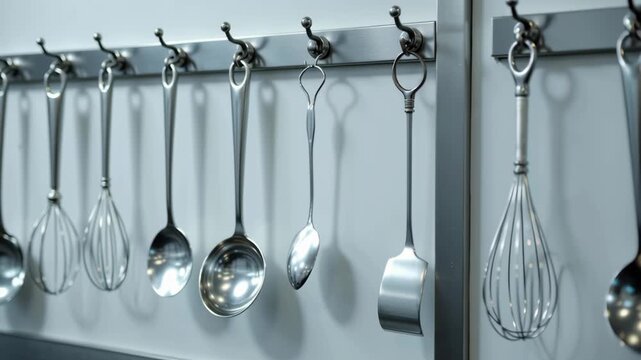 Stainless steel kitchen utensil ladle whisk spoon spatula hanging on metal rack, clean organized modern kitchen, professional hygienic culinary workspace, tidy cooking tools display
